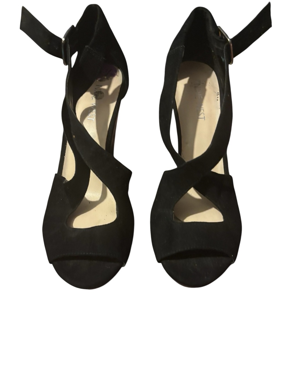 Nine West Womens Black Suede Crisscross Ankle Strap Wedge Sandals